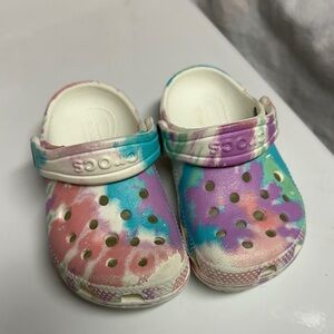 CROCS TIE-DYE PASTEL. Size C 7. Pink:blue/purple on white. Unisex. VGUC